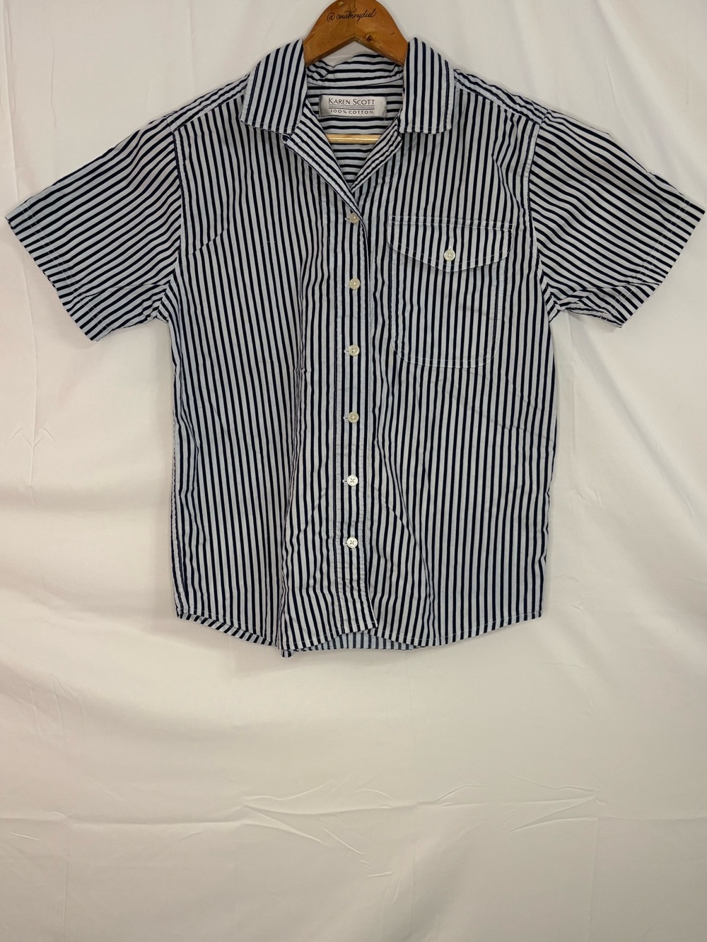 Karen Scott Navy & White Striped Short Sleeve Button-Up 100% Cotton Shirt Small